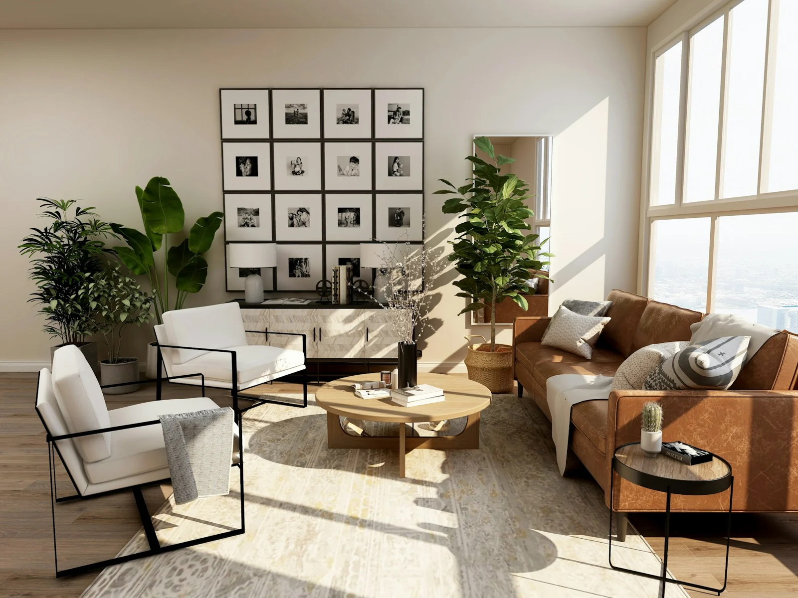 Helles, aufgeräumtes Wohnzimmer mit großen Fenstern